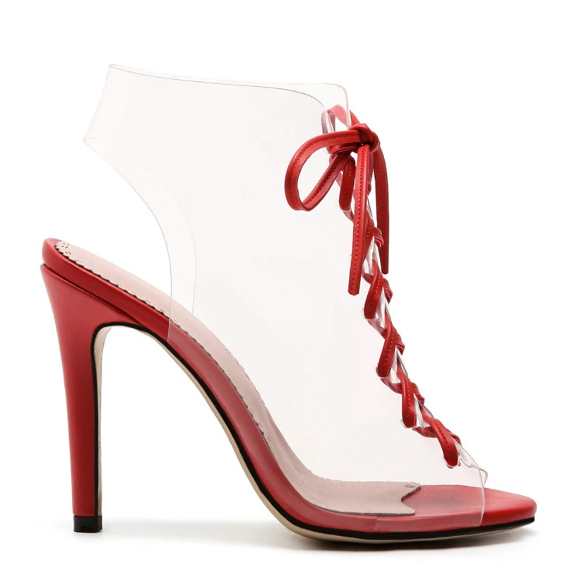 

Cocoafoal Women Transparent Heels Sandals Plus Size 33 43 Open Toe Shoes Sexy Peep Toe Red Green Lace Up Transparent Sandals