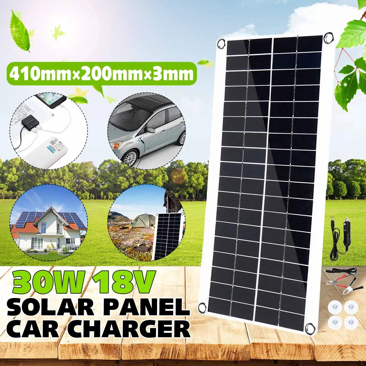

30W 18V Portable Solar Panel Double USB Power Bank Board External Battery Charging Solar Cell Board Crocodile Clips Car charger