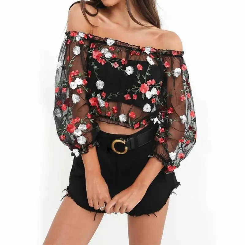 

2019 Women Sexy Harajuku Mesh Embroidery Tops Off Shoulder See Through T-Shirts Transparent Lantern Sleeve Flower Short Crop Top