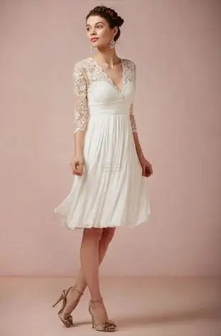 3 4 Lace Long Sleeve Short Beach Wedding Dresses With V-Neck Ruffles Knee Length Empire Backless Chiffon Summer Bridal Gowns 2018 Fashion