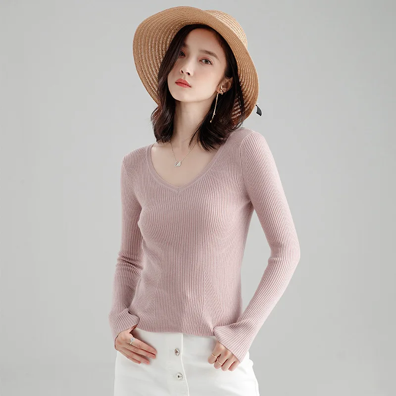 

2018 autumn new arrival long-sleeved sweater women retro elegant v-neck solid color tight-fitting thin sweater for women f9836