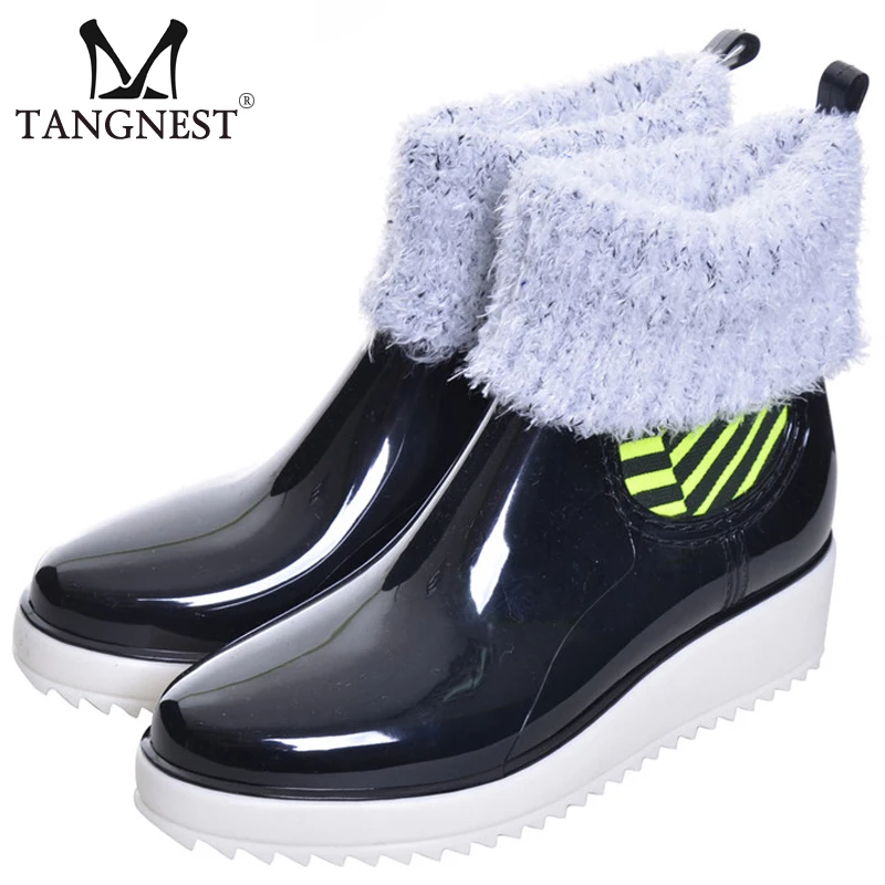 

Tangnest 2019 New Woman Rain Boots Med Heel Platform Waterproof Mixed Color Slip on Creepers Fashion Rubber Ladies Boots XWX3872