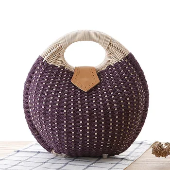 

Bohemian Summer Round Handbag Straw Beach Bags Travel Shopping Tote Rattan Moon Shaped Bag Semicircle Bamboo Box Wooden Purse
