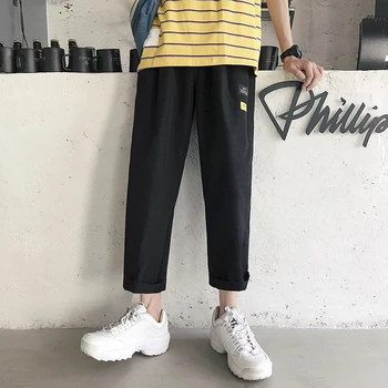 

2019 Summer Men Casual Loose Thin Solid Color Joker Cotton Haren Pants Elastic Waist Straight Black/grey Trousers Homme M-XL