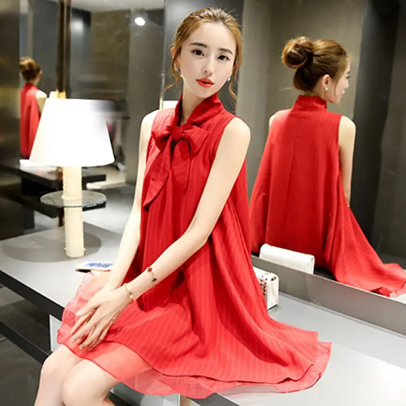 

Women Summer Elegant Sleeveless Dress Vintage Round Neck Sweet Bow Dress Solid Red Color Slim Chiffon Dresses