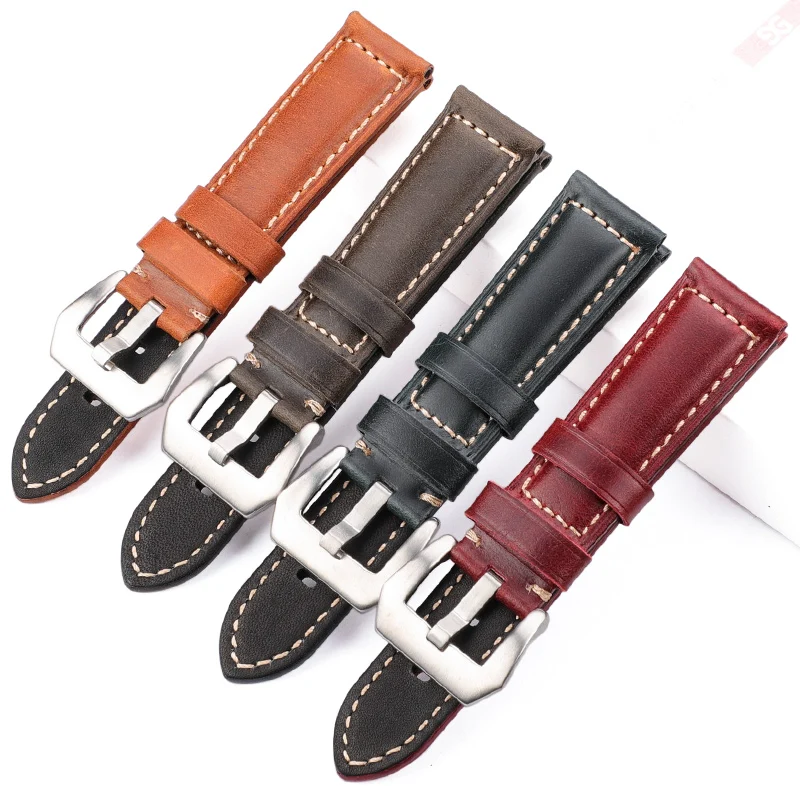 Genuine Leather Watchband Bracelet 20 22 24 26mm Women Men Oil Wax Cowhide Blue Green Red Brown Wach Band Strap Steel Buckle