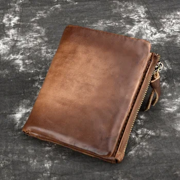 

2019 Hot genuine leather double zipper men wallet casual purse high quality vintage style wallets clutch bag