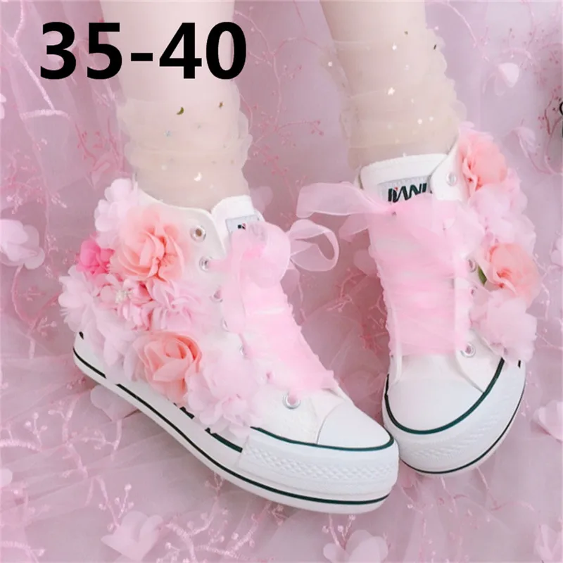 

Outdoor soft bottom new handmade three-dimensional flower rhinestone high to help increase thick platform lace canvas shoes