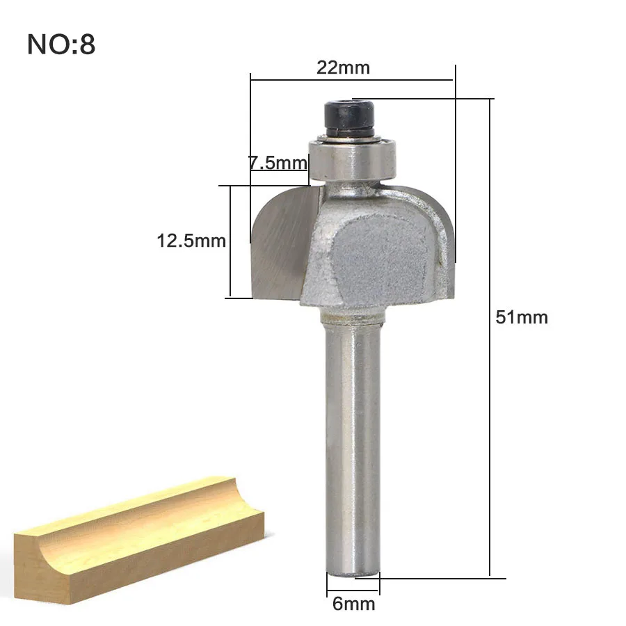 1 шт./компл. высокое качество Roundover бит с подшипником 6 мм Диаметр хвостовика ласточкин хвост фрезы Резак работы по дереву - Длина режущей кромки: NO8