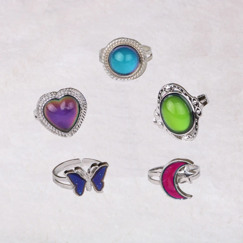 

Silver retro Adjustable mood Rings for Women temperature control color heart oval round butterfly Fashion Jewelry 2019