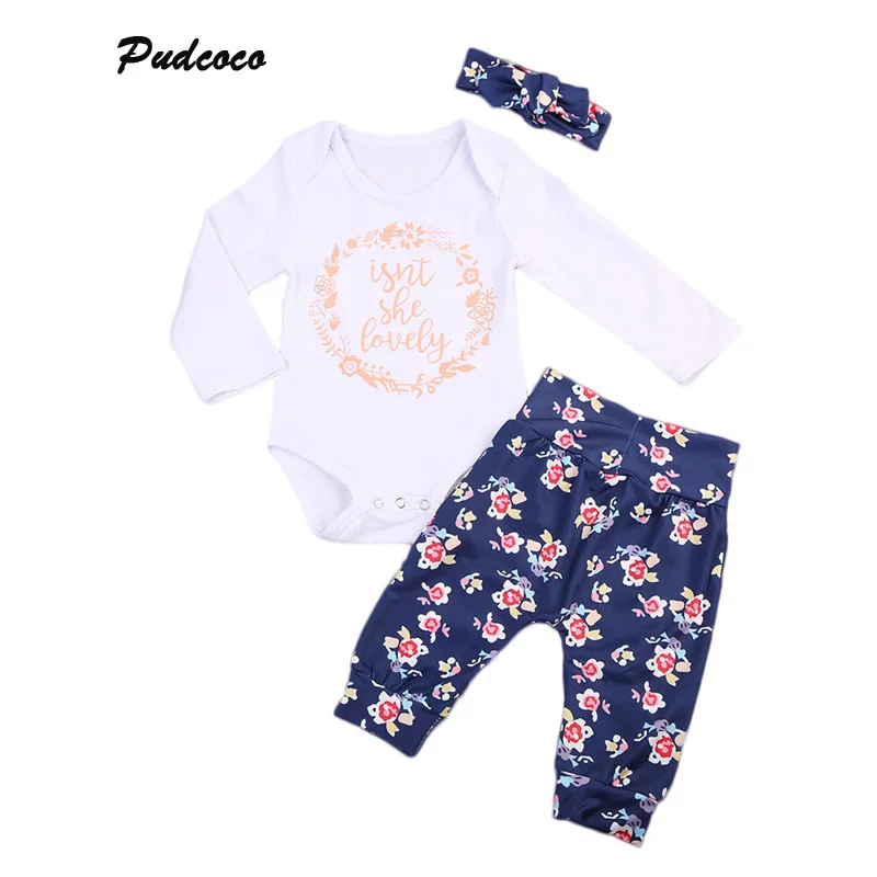 Newborn Baby Girls Top Rompers Long Floral Pants 3Pcs Set Outfits