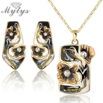 

Mytys High Quality Retro Vintage Enamel Earrings Necklace Jewelry Sets Yellow GP N925