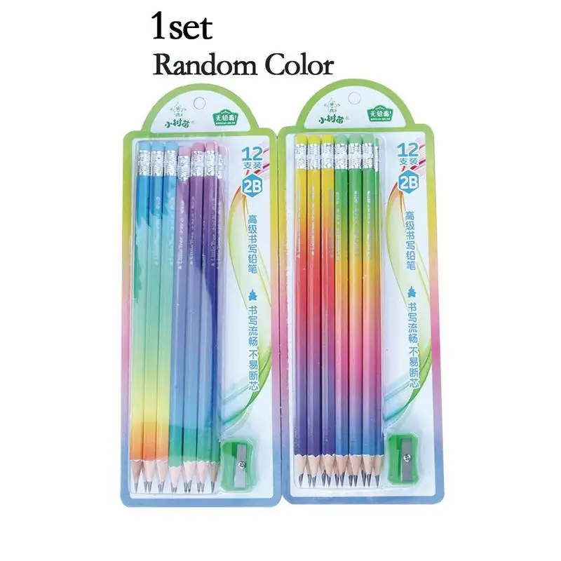 

12pencil/pack+1pencil Sharpener Simple Rainbow Gradient Handle 2b Wooden Pencil Kids Writing Drawing Pencil Student Stationery
