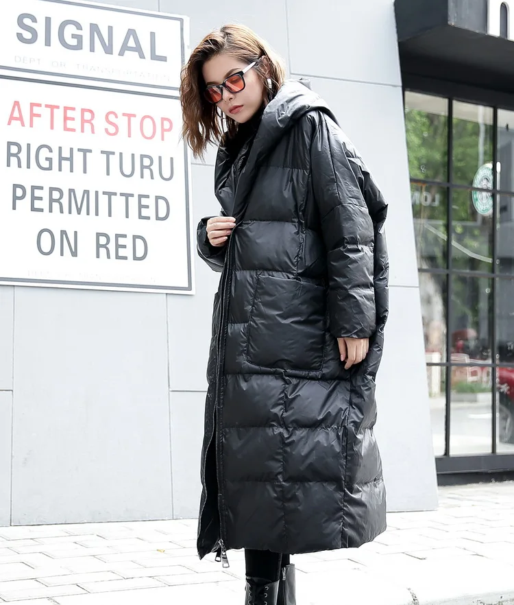 Cakucool New Women Oversize Parka Pockets Batwing Loose Warm Overcoat Hooded Large Mid Long Casual Parkas Lady Black Army Green