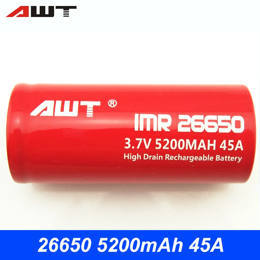 Prix AWT 26650 batterie Rechargeable 3.7V Li ion batterie 26650 5200mAh 45A pour haute puissance lampe de poche outils forets batterie 26650 T052