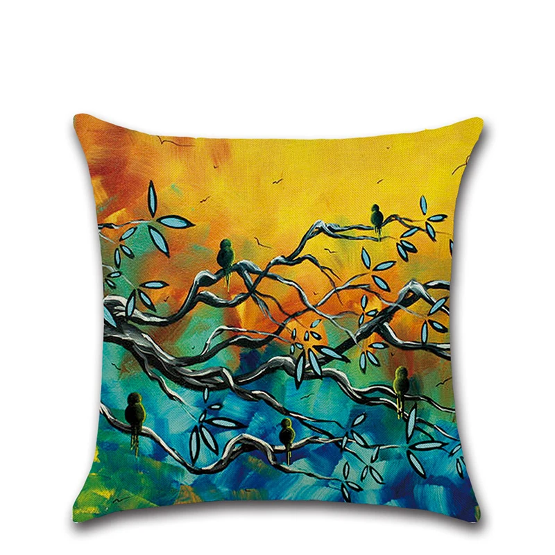 

Cotton Linen Square Decorative Cushion Cover 18" X 18" Pillowcase Vivid Birds Blooming Trees Print Pattern Throw Pillow Cover