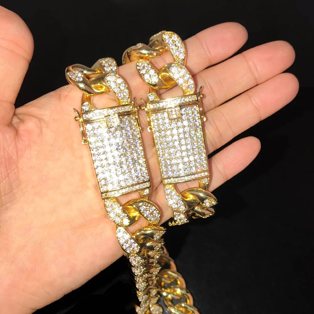 Тяжелая цепочка с кубическим цирконием, с браслетом, ожерелье, набор, золото, серебро, 20 мм, большое колье, мужские ювелирные изделия в стиле хип-хоп, 1" 18"