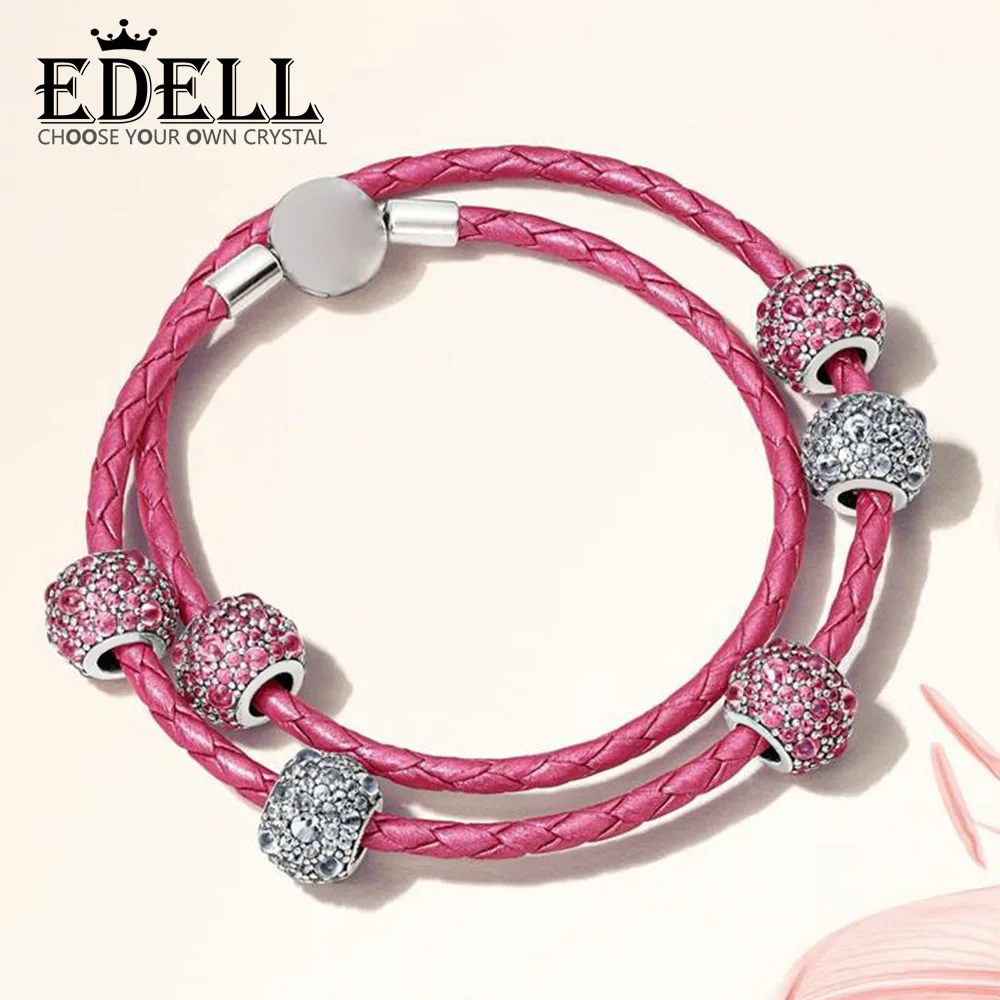 

EDELL 100% 925 Sterling Silver 1:1 PINK SHIMMERING DROPLETS CHARM Beads MOMENTS DOUBLE WOVEN LEATHER BRACELET Gift Set