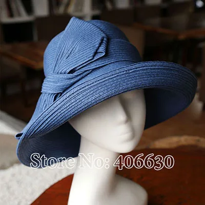 Летняя бумажная Плетеная соломенная шляпа с бантом для женщин с широкими полями, женские шляпы с широкими полями, ELDS007 - Цвет: blue