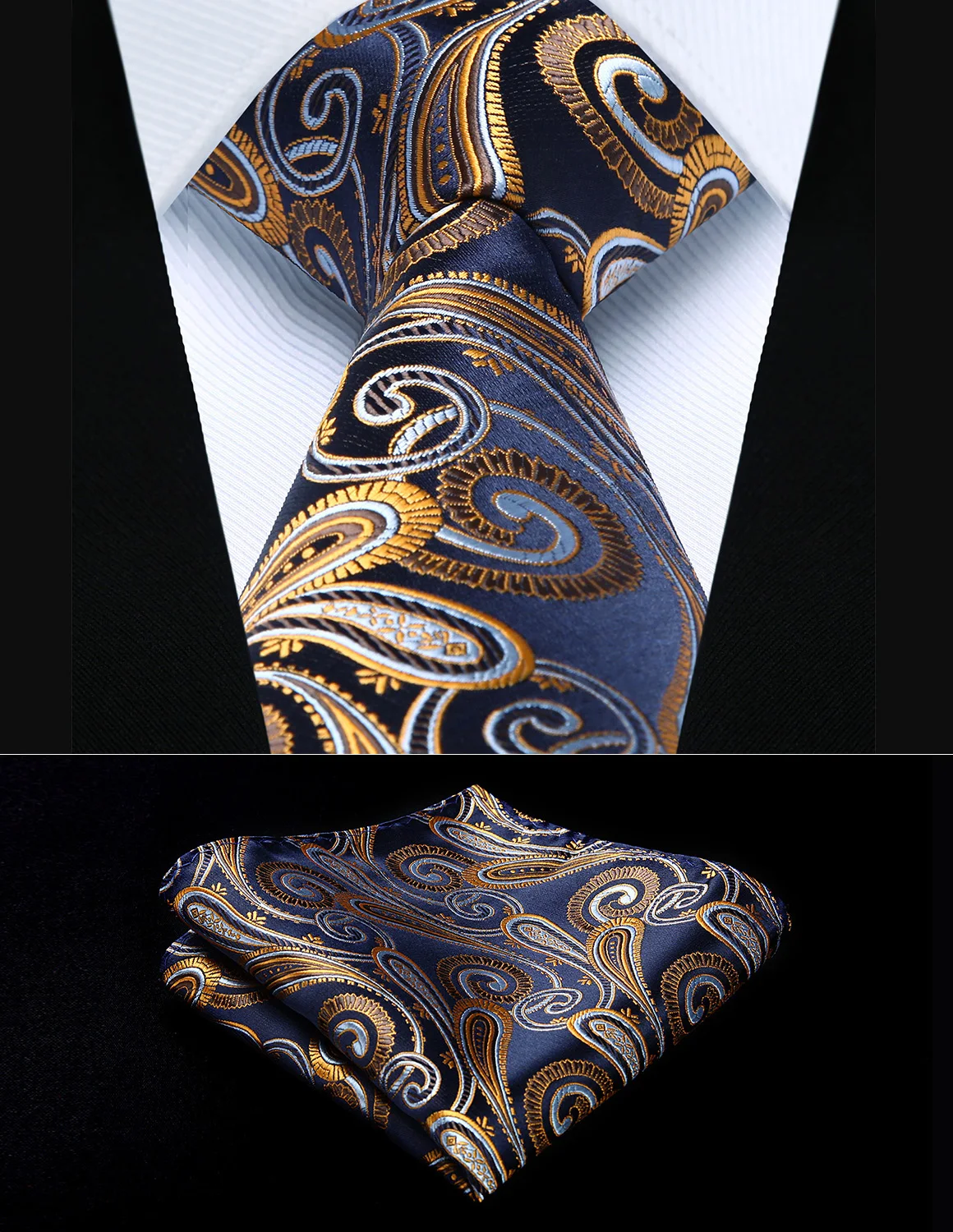  Party Wedding Classic Pocket Square Tie TP823V8S Navy Blue Gold Paisley 3.4