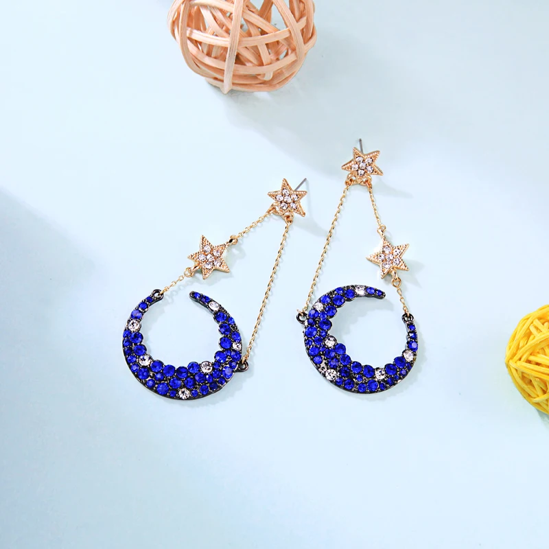 

BALANBIU Exquisite Blue Crystal Moon Star Drop Earrings For Women Gifts 2019 Fashion Gold Color Chain Jewelry Ear Pins Accessory