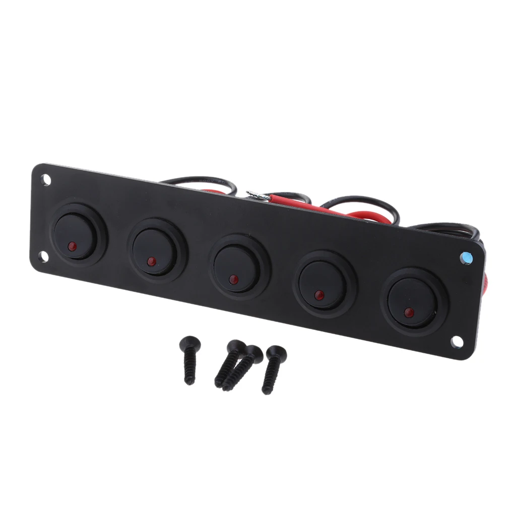5-Gang Round ON/OFF Rocker Toggle Switch Panel LED Light 12V Aluminum Panel ABS Material Durable Waterproof