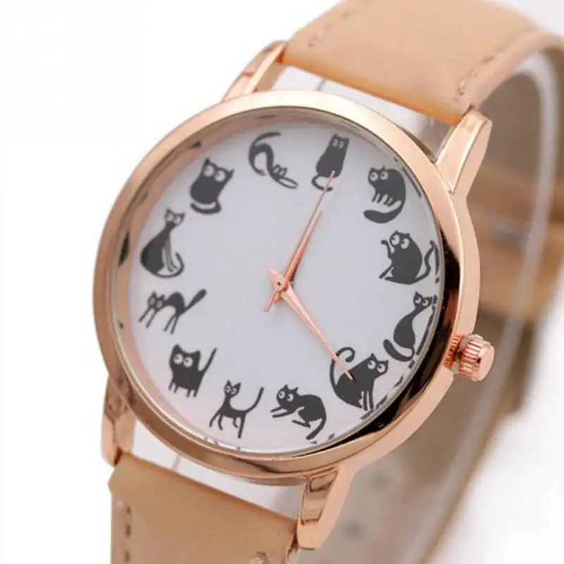Women Casual Watch Cat Dial PU Leather Stainless Steel Analog Quartz