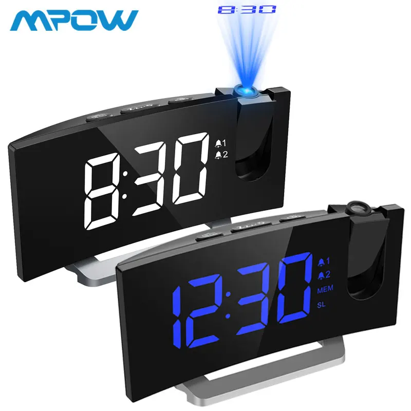 MPOW LED FM Projection 2 Alarms Clock Multifunctional 5 inch Curved