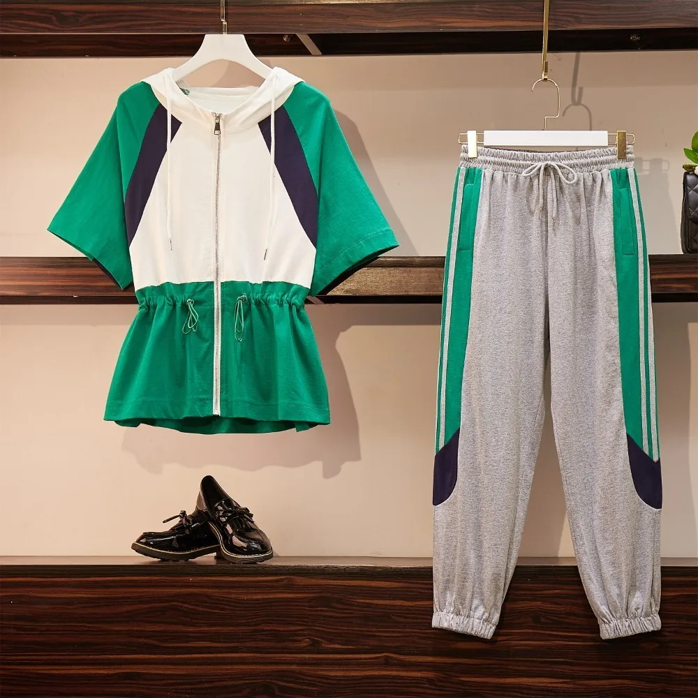 

Plus size 2019 Summer Casual Two Pieces Top Loose Wide Leg Pants Two-piece Sets Loose hooded top Cotton Sports Wear Suits M-4XL