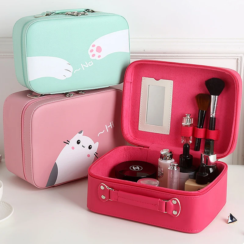 Cosmetic Bags Cosmetic Case Makeup Box Vanity Case Waterproof Pink Cat Cute Makeup Storage Bag Cosmetic Case Leather with Mirror