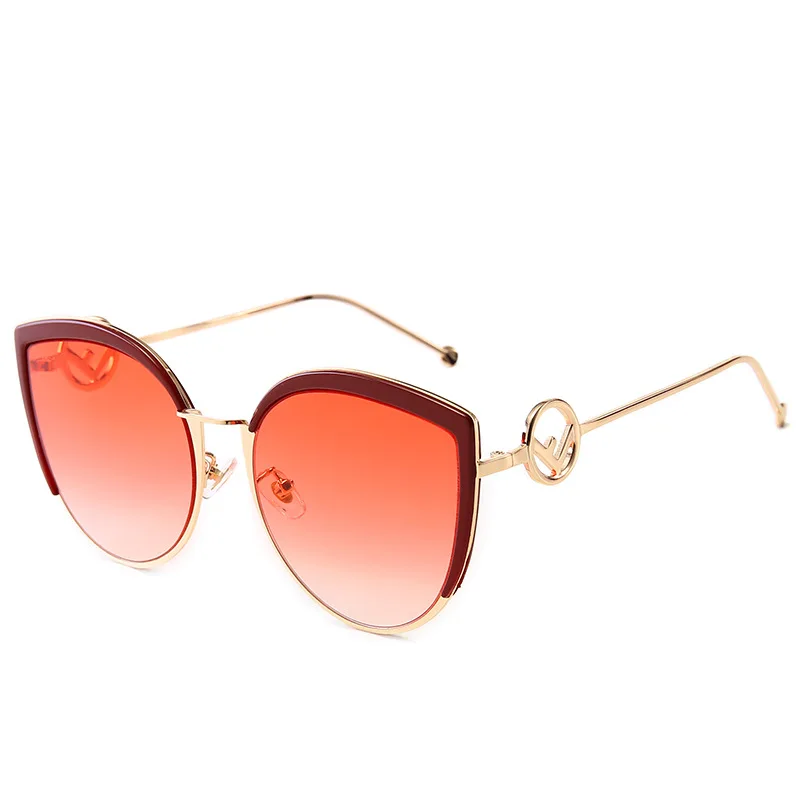 Модные солнцезащитные очки с кошачьим глазом для женщин, индивидуальный стиль, модные металлические негабаритные красные, синие цветные зеркальные UV400 градиентные Feminino De Sol Gafas - Цвет линз: 10