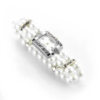 

YCYC!5*Metal Pearl Crystal Bracelet Stretch Square Dial Wrist Watch