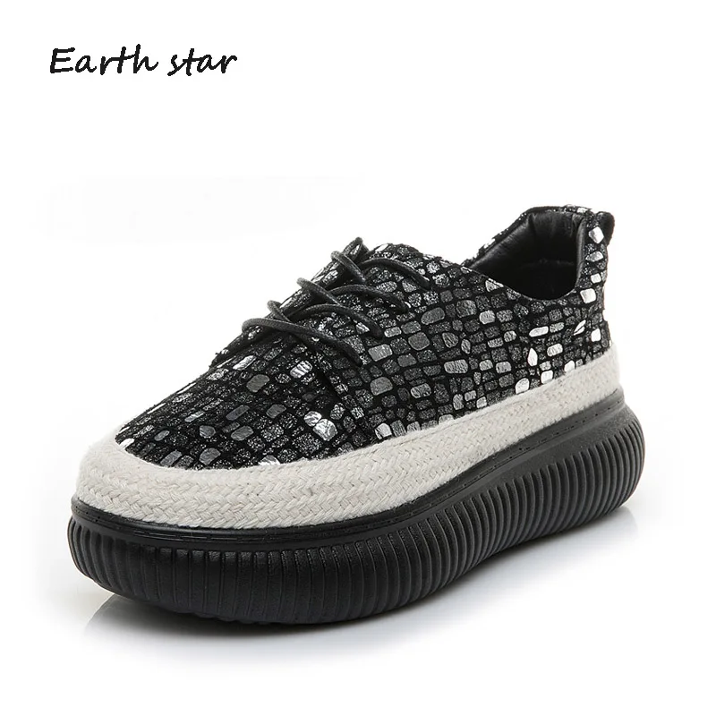EARTH STAR/2018 Повседневная обувь из натуральной кожи с блестками Женские брендовые