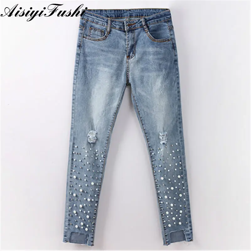 

Ripped Capris Jeans Jeggings Skinny Stretchy Ladies Denim Pearls Jeans Tassels High Waist Casual Denim Pants Female Streetwear