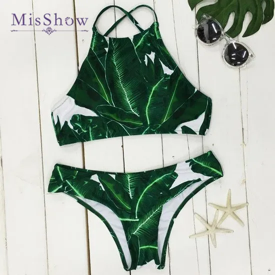 

MisShow High Neck Bikini Set Women Swimsuit 2019 Swimwear Brazilian Bikinis Green Leaf Halter Summer Beach Wear Bathing Suit