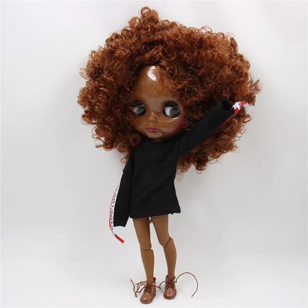 Neo Blythe Doll with Brown Hair, Black Skin, Shiny Cute Face & Custom Jointed Body 1