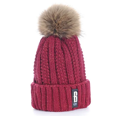 Red wine hat Теплая вязаная зимняя женская шапка для девочек, шерстяные шапочки Skullies с буквой B, бархатная шапка, шапка-маска, Женская Балаклава, шарф, шапка - Цвет: Red wine hat