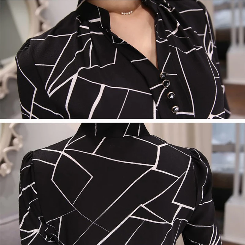  Chiffon Women Blouses Shirt Foxmertor 2019 Autumn V-Neck Print Elegant Office Lady Shirt Long Sleev