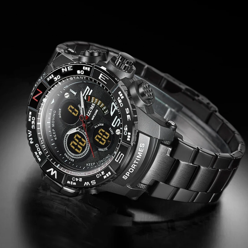 brave for men cool big case golden steel band dual time zones watches for men led digital quartz mens watches free shipping  (11)