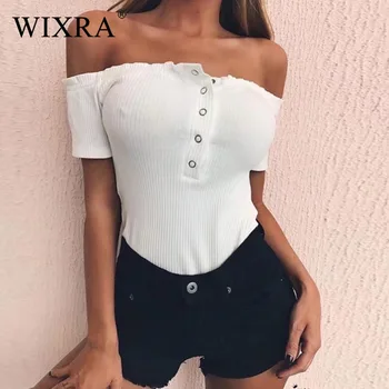 

WIXRA Basic Off Shoulder Ruffles Bodysuits Body Overalls Summer Fitness Sexy Bodysuit Women's Short Sleeve Rompers For Women