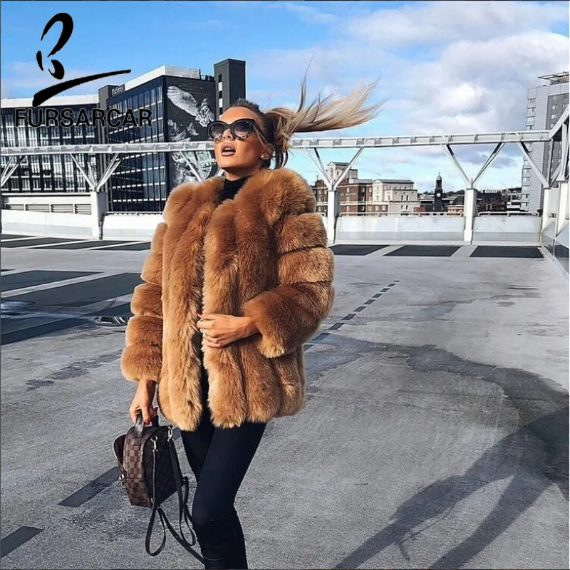 

FURSARCAR Fashion Real Fox Fur Coat Women O-Neck Long High Street Genuine Natural Fur Female Jacket Winter Thick Fox Fur Coats
