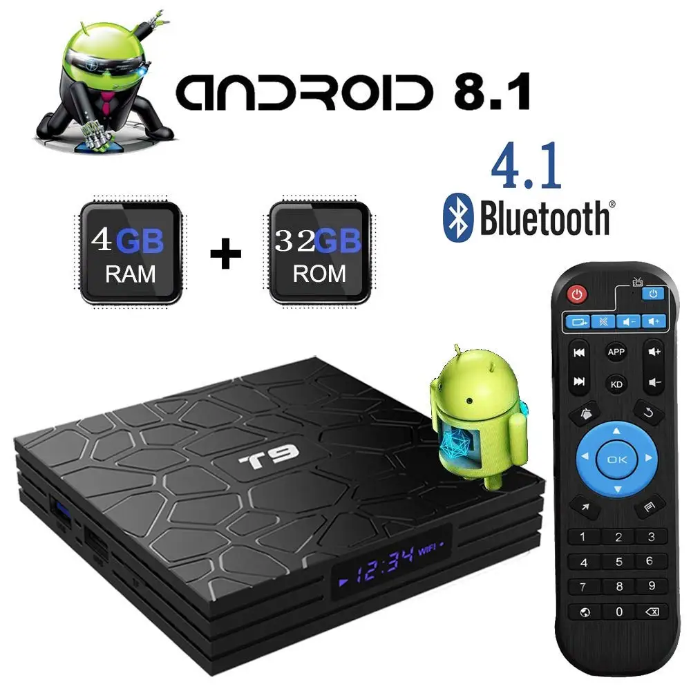 Android TV Box T9 Android 8.1 RK3328 4K Bluetooth TV Set Top Box 3D Media Player 4GB RAM 32GB ROM Digital Android TV Box Google