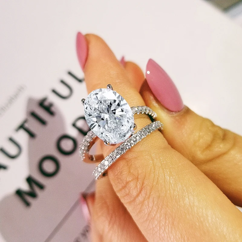 2020 New Luxury Oval Original 925 Sterling Silver Wedding Ring Set