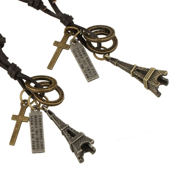 

Vintage Eiffel Tower Pendants Genuine Leather Necklaces Retro Men Cowhide Neckless Jewelry Cool Punk Pingente