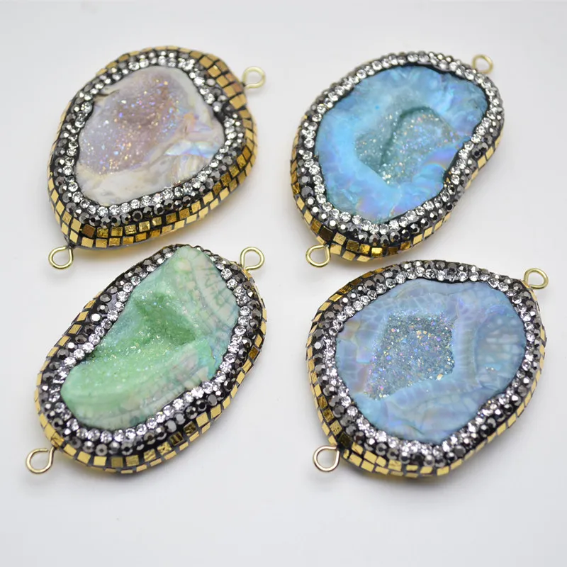 

New Design Paved Crystal Square Beads Flat Oval Two Loops Drusy Necklace Connectors Jewelry Links