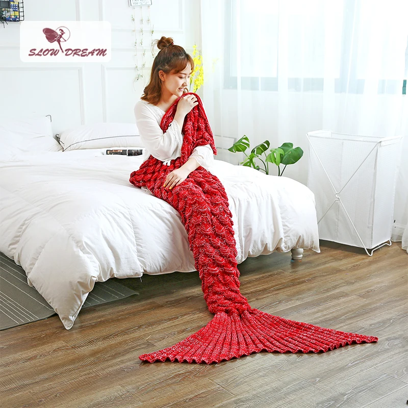 

Slowdream Fish Scale Mermaid Tail Blanket Red Color Soft Knitted Birthday Gift All Season Handmade Crochet For Adult Kids Season