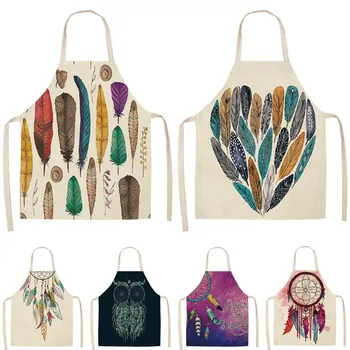 

1Pcs Feather Pattern Kitchen Aprons Dinner Party BBQ Cooking Waist Bib Cotton Linen Funny Pinafore Cleaning Tools 53*65cm A1046