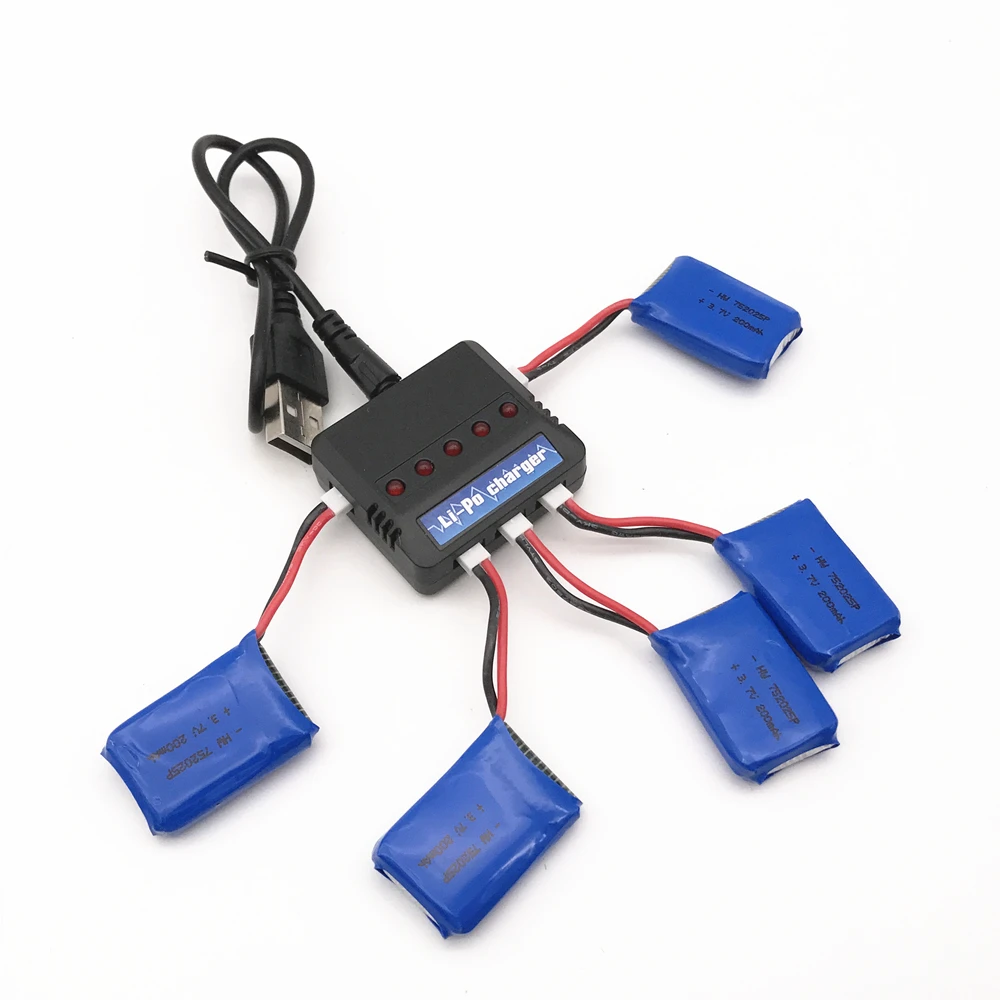 Pack 5 Batteries 3.7V 300mAh 25C + Chargeur 5-en-1 - Compatible Avec Plein De Drones Miniatures (Syma, Hubsan, WLToys, Etc.)