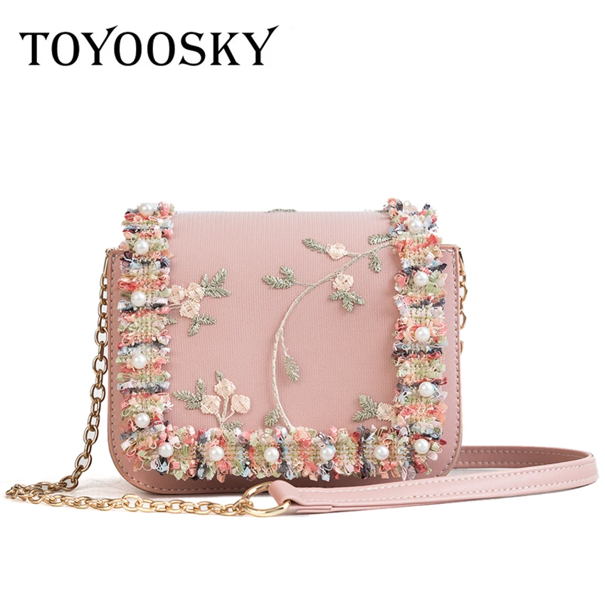 

TOYOOSKY High Quality Embroidery Flower Flap Bag Women PU Leather Crossbody Shoulder Bag Chic Lace Pearl Ladies Messenger Bag
