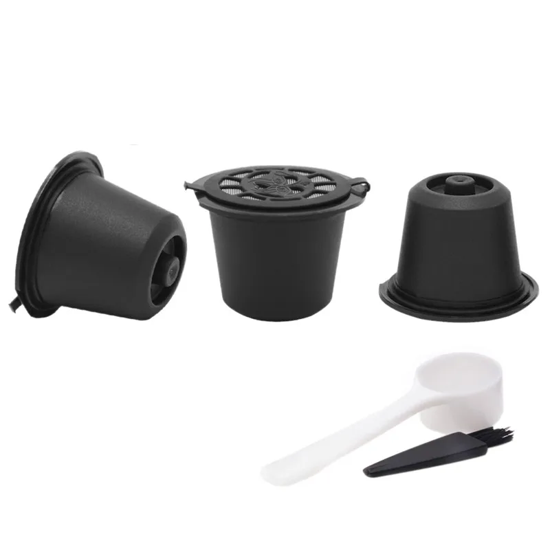 Drop Shipping 3pcs Coffee Filter Reusable Refillable Coffee Capsule Eco-friendly Filters For Nespresso With Spoon And Brush 20ML - Color: Black